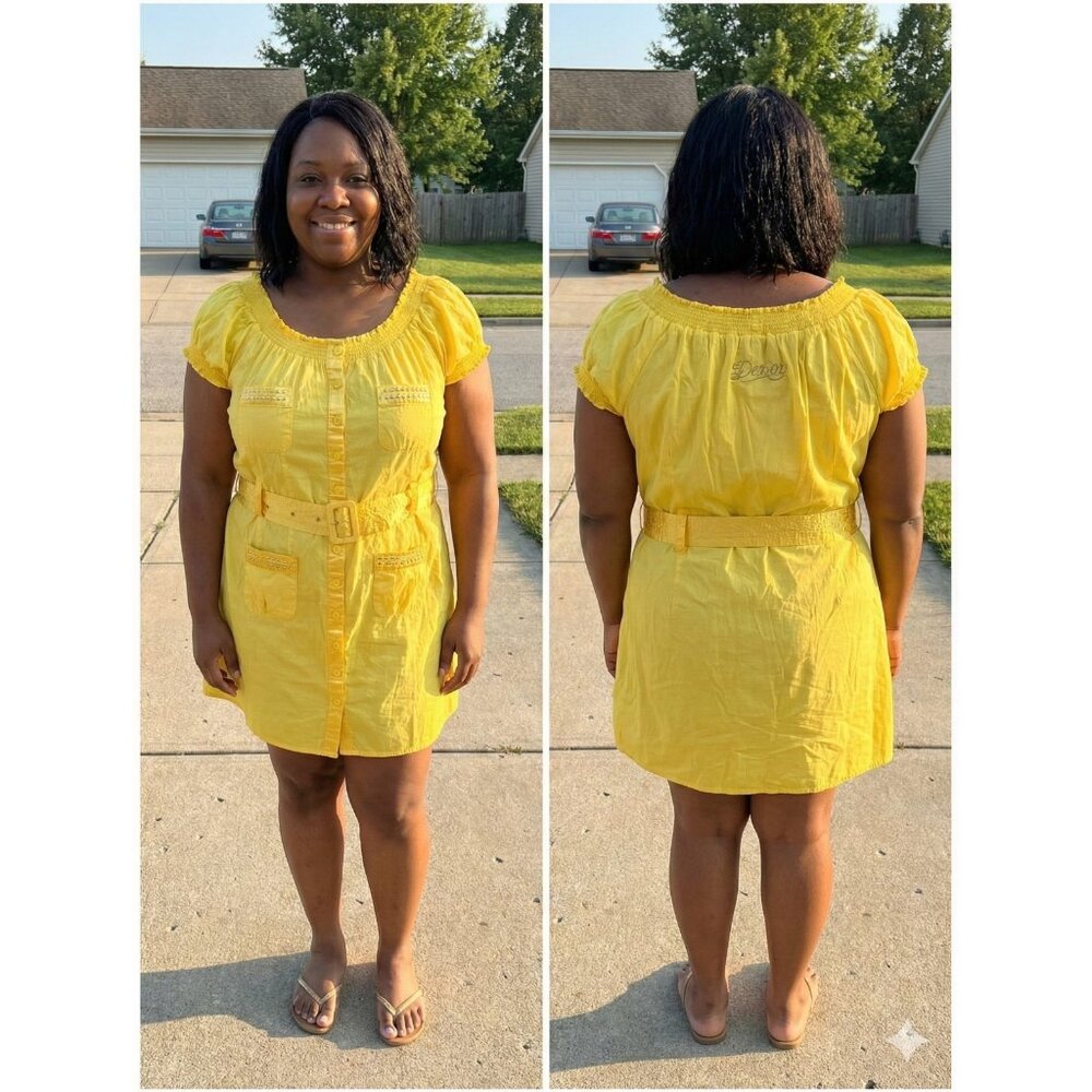 Dereon Beyonce Yellow Button Down Belted Dress Tunic Studded Pockets Plus...